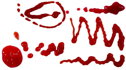 red ketchup splatter is stain or tomato sauce splash isolated on white background