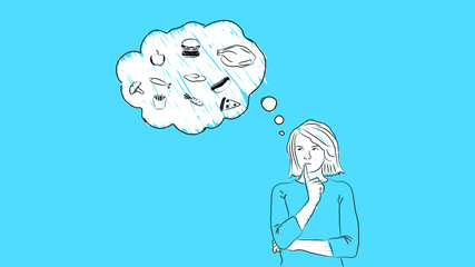Woman thinking about what to eat in a thought bubble simple hand drawn design style minimal vector illustration