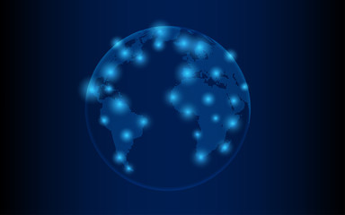 Vector world map illustration with blue glowing points dotted land
