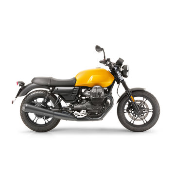 Yellow Retro Racing Motorcycle with Two-Cylinder Engine Isolated on White Background. Modern Sportbike. Side View of Classic Bike. Vintage Personal Transport. 3D Rendering