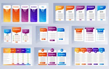 Pricing table design big set. Table price comparison. Blocks purchases for comparing tariff plans. Vector illustration design - obrazy, fototapety, plakaty
