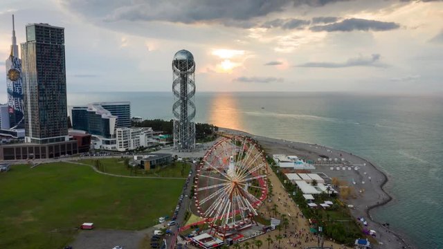 Hyperlapse flight over of the Batumi, Georgia. View of the center of Batumi and the promenade and the beach. The capital of Adjara, Georgia.