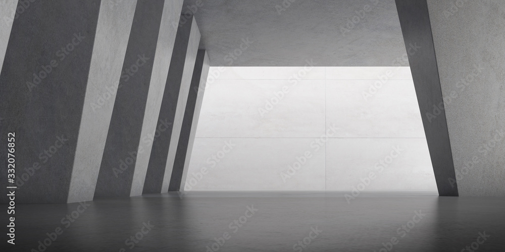 Aufkleber Abstract of concrete space with sun light cast the shadow on the wall ,Geometric structure, Museum space,Perspective of brutalism  architecture,3d rendering.	