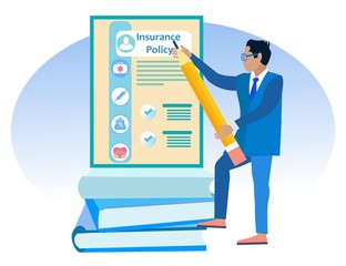 Man with Pencil in Hands near Insurance Policy and Books. Vector Illustration. Reliable Protection. Insurance Case. Insurance Agent in Blue Business Suit Consider Insurance Policy.
