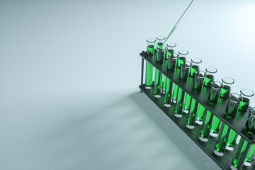 Pipette add liquid to a test tube with green liquid. The concept of vaccine, technology, medicine, research. 3D rendering, 3D illustration, copy space.
