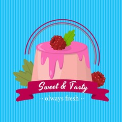 Cartoon Raspberry Cream Cake Bakery Shop Emblem with Red Ribbon Sweet and Tasty Lettering on Striped Blue Backdrop. Always Fresh Pastry Product Announcement. Vector Illustration with Flat Leaves Decor