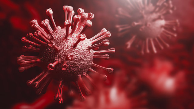 Super Closeup Coronavirus COVID-19 In Human Lung Body Background. Science Microbiology Concept. Red Corona Virus Outbreak Epidemic. Medical Health Virology Infection Research. 3D Illustration