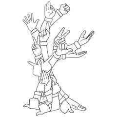 tree from hands with different gestures. Monochrome illustration. Isolated on white