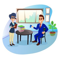 Business Lady, Talking on Phone. Man, Dressed in Smart Suit, Sitting by Desk with Huge Pile Paperwork, Having Coffee at Break, Smiling Friendly to Woman Colleague. Cute Cartoon Characters.