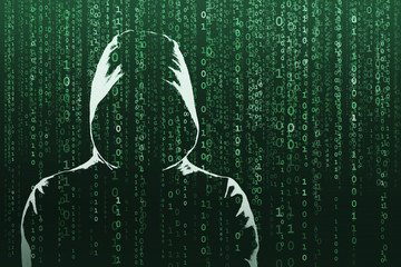 Anonymous computer hacker over abstract digital background. Obscured dark face in mask and hood. Data thief, internet attack, darknet fraud, dangerous viruses and cyber security.