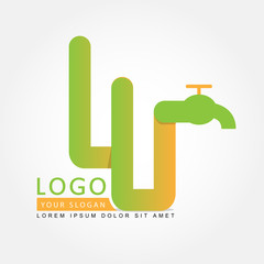 Plumbing service logo in blue, plumbing symbol on white with text. Vector illustration.