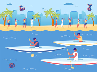 Kayak Sprint Game Race Competition. Cartoon People Paddling Canoe with Oar, Fan Watch Event on Shore Vector Illustration. Water Sport Boat. Summer Activity Outdoor. Healthy Training