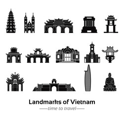 set of famous landmarks of Vietnam silhouette style with black and white classic color design,vector illustration