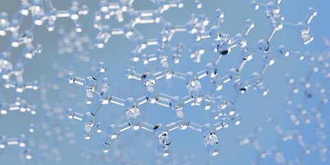 Abstract complex glass molecules floating in blue fluid background with selective focus - environment, biotech or clean energy concept