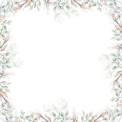 Watercolor painted floral frame on white background. Arrangement with branches and leaves.