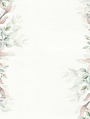 Watercolor painted floral frame on white background. Arrangement with branches and leaves.