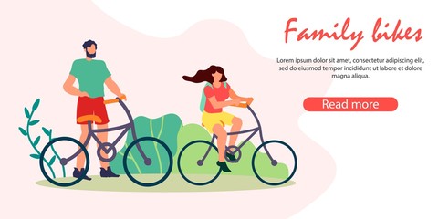 Obraz premium Summer Time Outdoors Activity, Man and Woman Riding Bikes in Public Park, Young People Vacation Spare Time, Sport Lifestyle, Leisure, Fun, Holidays. Cartoon Flat Vector Illustration, Horizontal Banner
