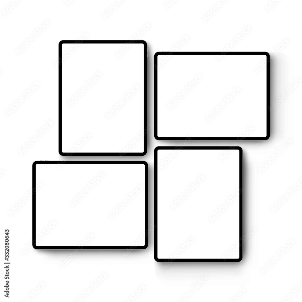 Poster modern black tablet computers with blank horizontal and vertical screens isolated on white backgroun