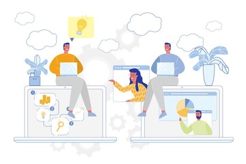 Business People Company Strategy Discussion, Brainstorming Teamwork at Office and Online. Men and Women Cartoon Characters Chatting and Working via Social Media Technology. Flat Vector Illustration.
