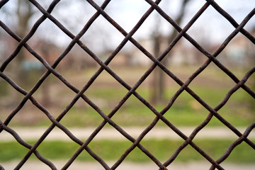 Fototapeta premium view of the landscape through an iron mesh