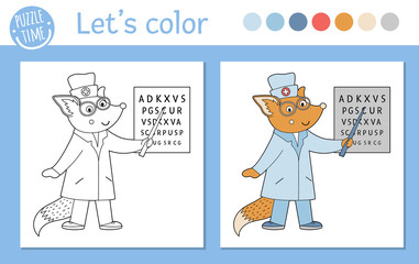 Medical coloring page for children. Vector outline animal doctor. Cute funny fox character. Hospital color book isolated on white background. .