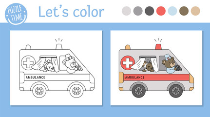 Medical coloring page for children. Vector outline ambulance with cute animals inside. Bear doctor driving emergency car with ill mouse. Funny special medical transport color book for kids..