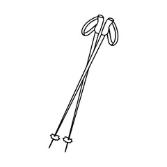 A pair of trekking poles. Black and white vector illustration. The element is hand-drawn and isolated on a white background. Camping equipment for walking on rugged and mountainous terrain.