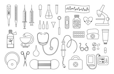 Set of vector flat medical line icons. Medicine or health insurance, research outline collection. Healthcare and laboratory equipment isolated on white background. Health check or treatment clip art.