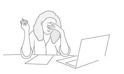 Tired or stressed woman at the table. Hand drawn vector illustration.