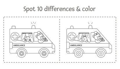 Medical find differences game and coloring page for children. Medicine preschool activity with ambulance car and cute characters. Puzzle with special emergency transport.. © Lexi Claus