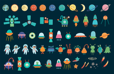 Big vector set of space elements for children. Collection of flat style spaceship, satellite, spacecraft, planets, astronauts, star, ufo, aliens, comet isolated on white background.. © Lexi Claus