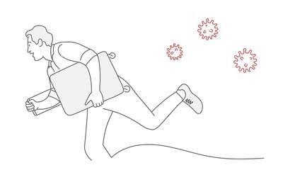 Man tourist run away from virus. Hand drawn vector illustration.