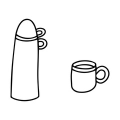 Thermos and mug. Black and white vector illustration. The element is hand-drawn and isolated on a white background. Camping equipment, heat-holding utensils. Picnic tableware