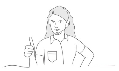 Woman working in call center. Girl showing success sign with a hand. Line drawing vector illustration.