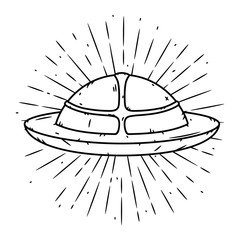 Flying saucer. Hand drawn vector illustration with a UFO and divergent rays.