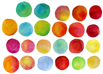 Colorful watercolor round splashes. Red spring colors. Logo details. Hand-drawn colorful isolated round elements