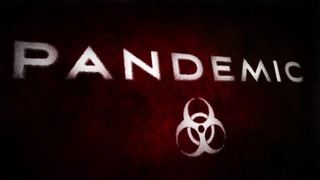 Dramatic animation of flickering &ldquo;pandemic&rdquo; text and symbol, textured red and dark orange background, with the camera at a side angle slowly panning around to reveal the text and symbol.