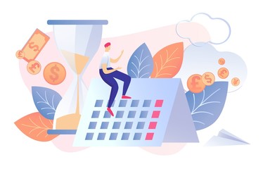 Cartoon Man Sit on Calendar Vector Illustration. Hourglass Sand Timer Running. Money Coin Symbols. Deadline Date Work Project Schedule. Income Increase Time Management Strategy Planning
