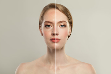 Young model woman face with retouching and without retouching. Female skin with make up and without...