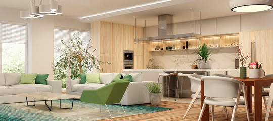 Modern house interior kitchen with living room design. 3D Render	