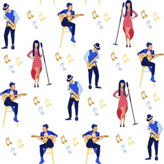 Fototapeta na wymiar Female Singers and Male Musicians Isolated on white Background Seamless Pattern Flat Cartoon Vector Illustration. Man and Woman Singing and Playing Guitar, Saxophone. Music Band with Notes.
