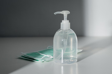 Hand sanitizer gel and medical surgical masks, Use for prevent infection, Covid-19 or corona virus, Coronavirus prevention.