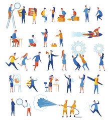Fototapeta na wymiar Set Employees Meet Deadlines Vector Illustration. Punctual People Try to get Job Done on Time. Office Staff Perform Various Work. People are Busy Working to do Everything on Time. Cartoon Flat.