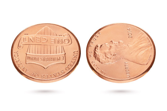 Both Sides Of One US Cent Or Penny Isolated On White