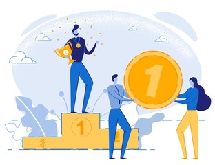 Man with Gold Trophy Cup on Pedestal. Manager Celebrating Victory. Businessman Receiving Reward in Competition. Team Greeting Leader with Win Holding Huge Medal for First Place. Vector Illustration