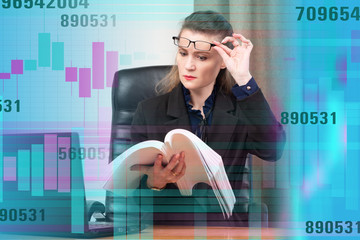 The girl looks at the documents in amazement. Woman on the background of charts and numbers. The possibility of getting a large profit or a large loss. Operations involve risk.