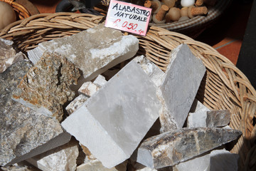 Volterra (SI), Italy - April 25, 2017: Alabstro stone souvenir in Volterra shop, Tuscany, Italy