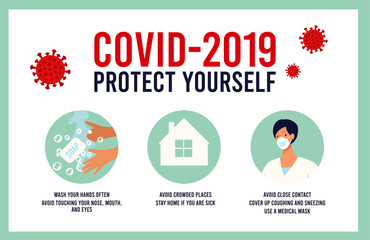 CoVID-19 Virus outbreak spread. Novel coronavirus 2019-nCoV Infographic about protecting yourself from coronavirus, precautions during the epidemic and quarantine. Medical recommendation poster