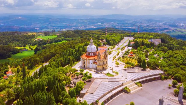 Braga, Portugal. Aerial view of Sameiro Sanctuary in Braga, Portugal during the sunny day. Panning time-lapse of popular landark with nature around it