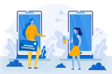 Woman with Credit Card and Girl with Icecream Stand at Huge Mobile Phones. People Buying Things in Virtual Shop. Internet Commerce, Online Shopping Using Application. Cartoon Flat Vector Illustration